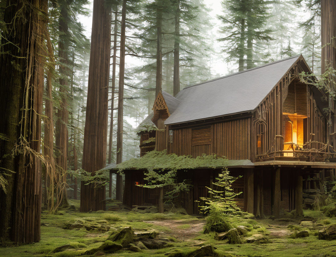 Cozy wooden cabin in misty redwood forest