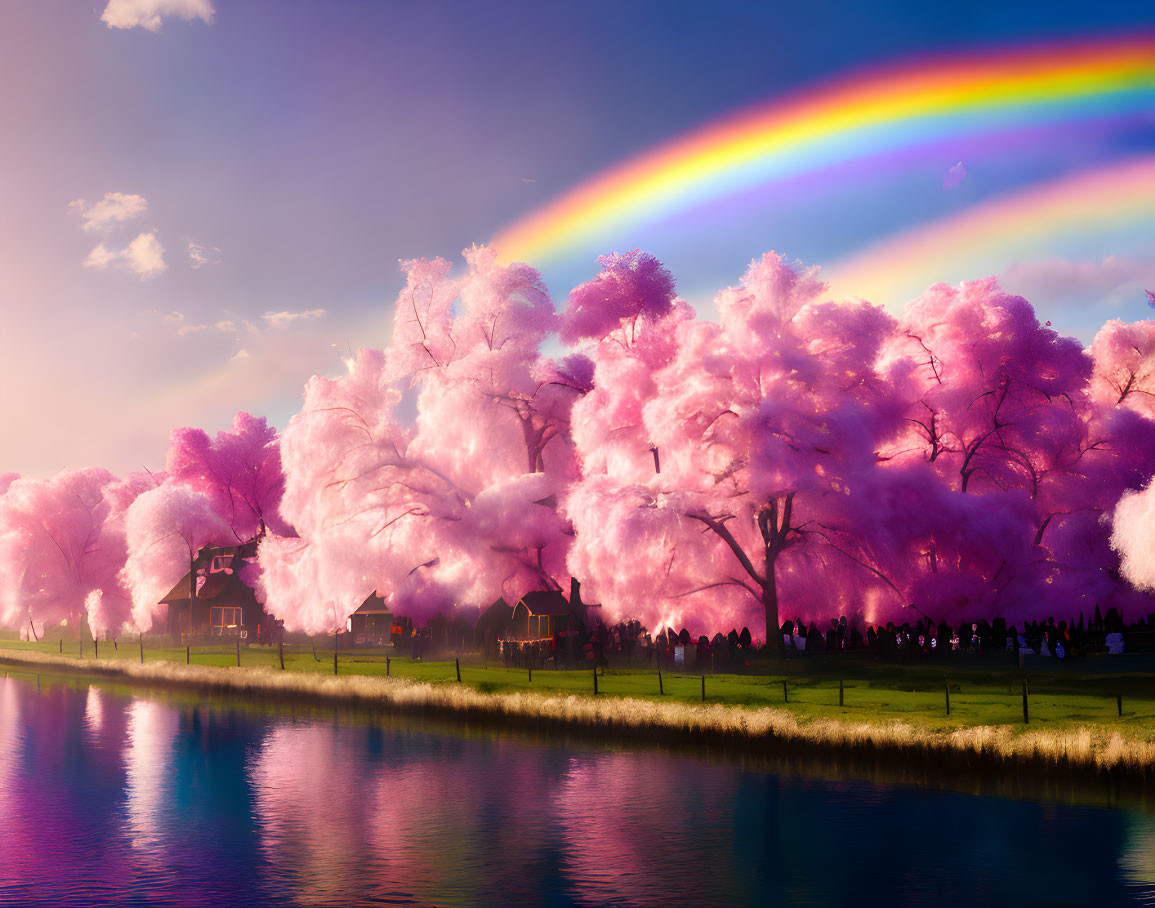 Vibrant pink trees, rainbow sky, people by lakeside houses in surreal landscape