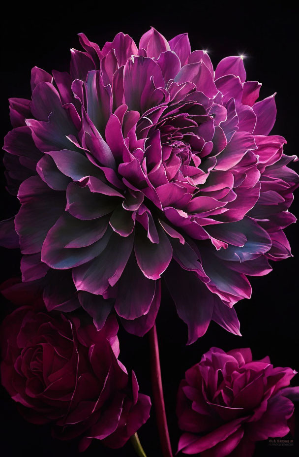 Purple Dahlia Bloom with Layered Petals and Buds on Dark Background