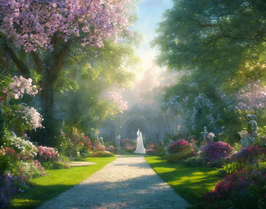 Tranquil garden with blooming flowers, stone statues, and figure in white under dappled