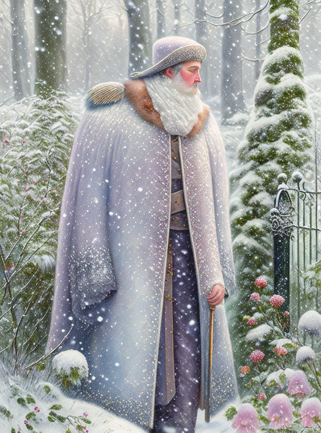 Regal figure in fur-trimmed cape amidst snowy landscape with pink flowers and wrought-iron gate