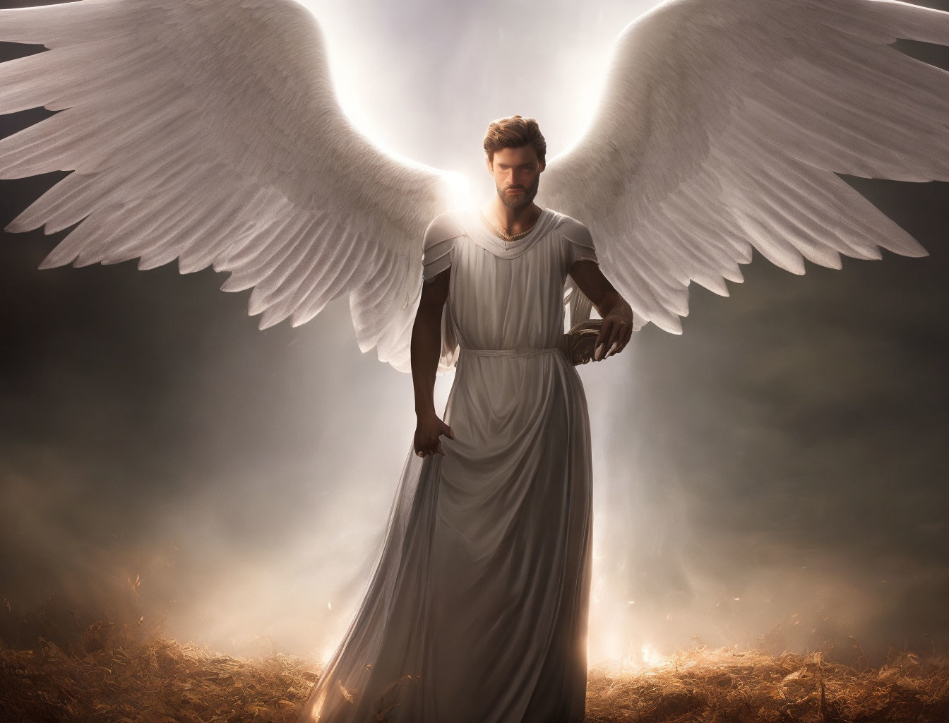 Majestic figure with white wings in ethereal landscape