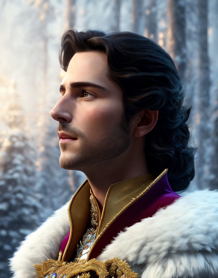 Regal man in purple and gold attire against frosty forest.