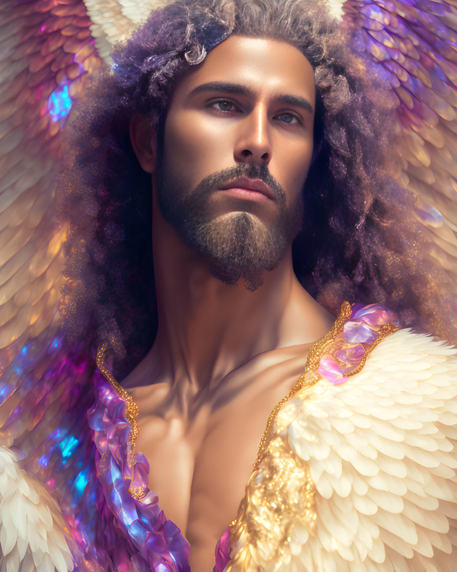 Ethereal figure with curly hair, beard, golden outfit, and angel wings.