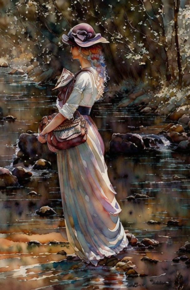 Vintage-clad woman by forest stream with basket, sunlight filtering.