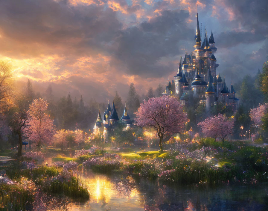 Enchanted castle in sunset glow reflected in tranquil pond