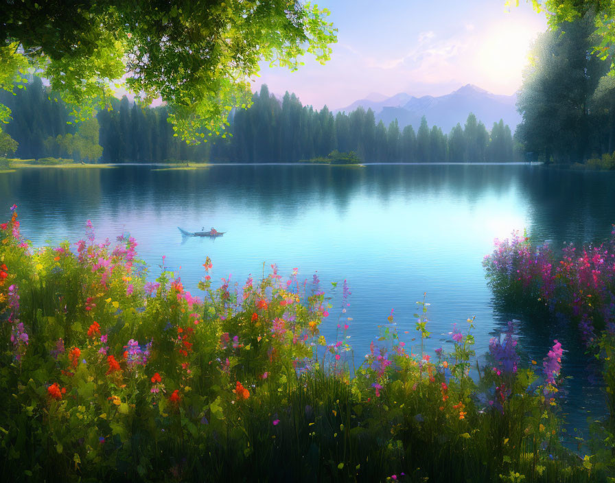 Serene lake with wildflowers, boat, sun, trees, and mountains