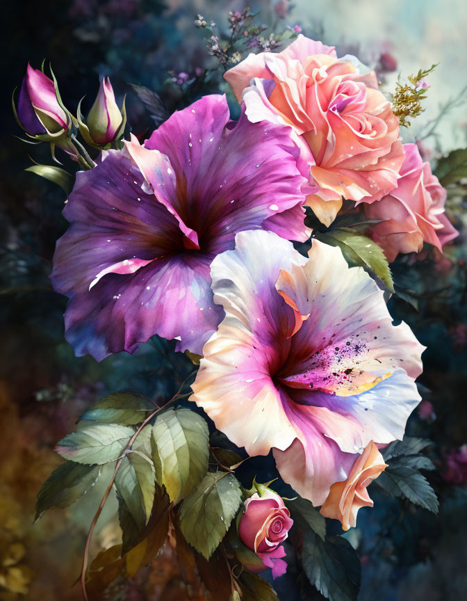 Vivid painting of purple and pink flowers on dark background