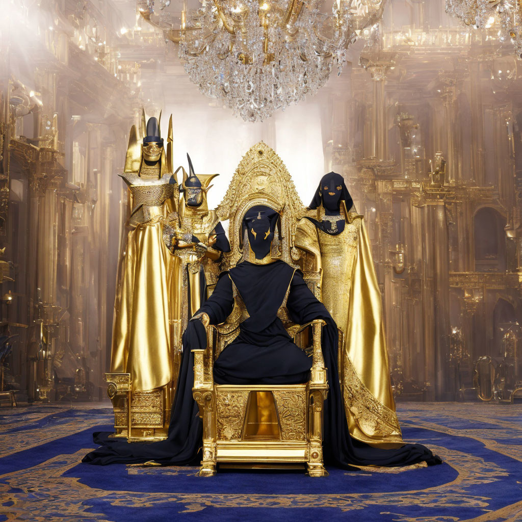 Luxurious room with three figures in golden and black costumes around a regal throne