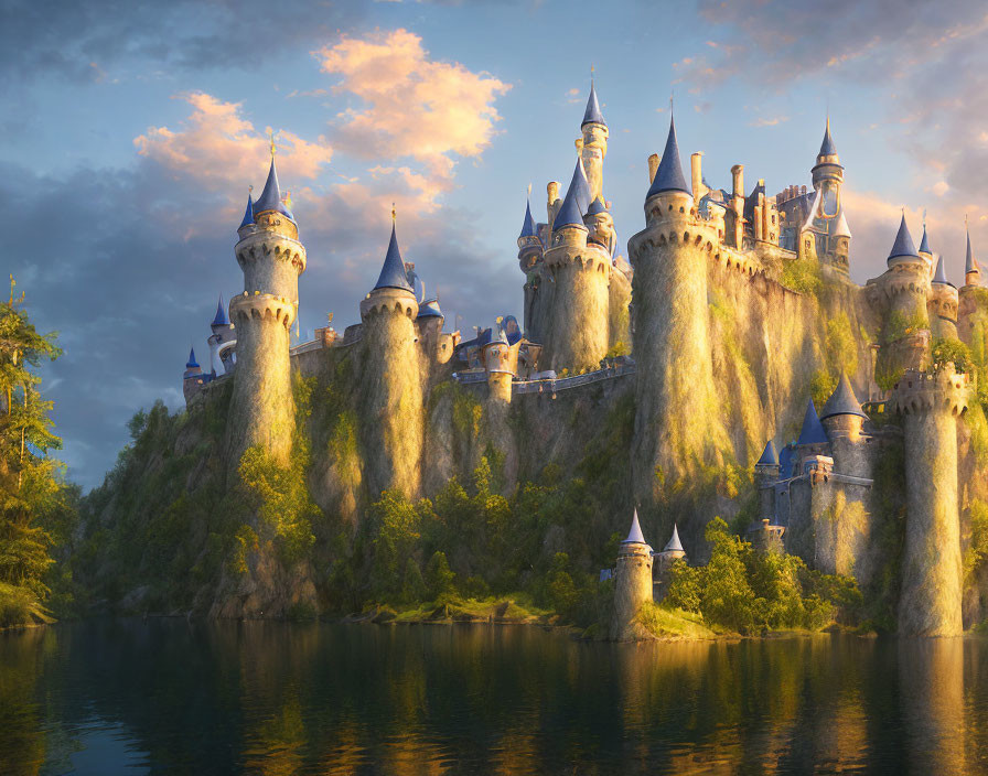 Majestic fairy tale castle on lush cliff at sunset