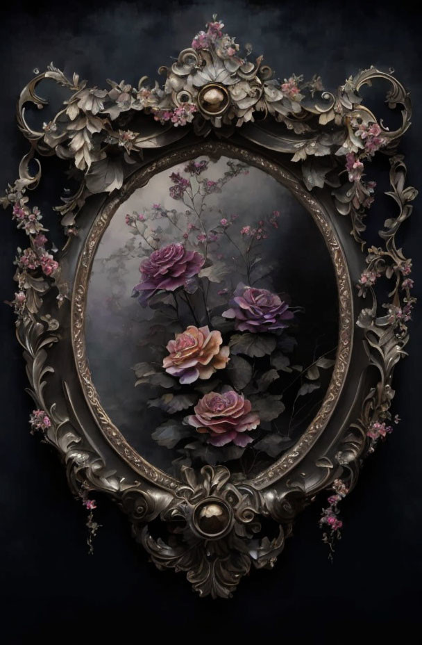 Vintage Gothic Style Mirror with Dark Reflective Surface and Floral Decorations