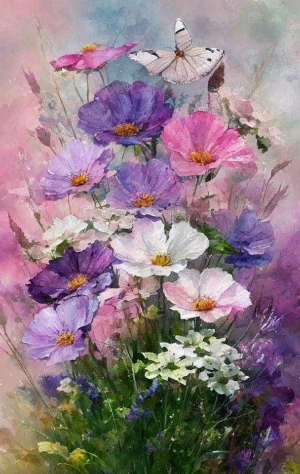 Colorful Wildflowers Painting with Butterfly on Soft Pastel Background