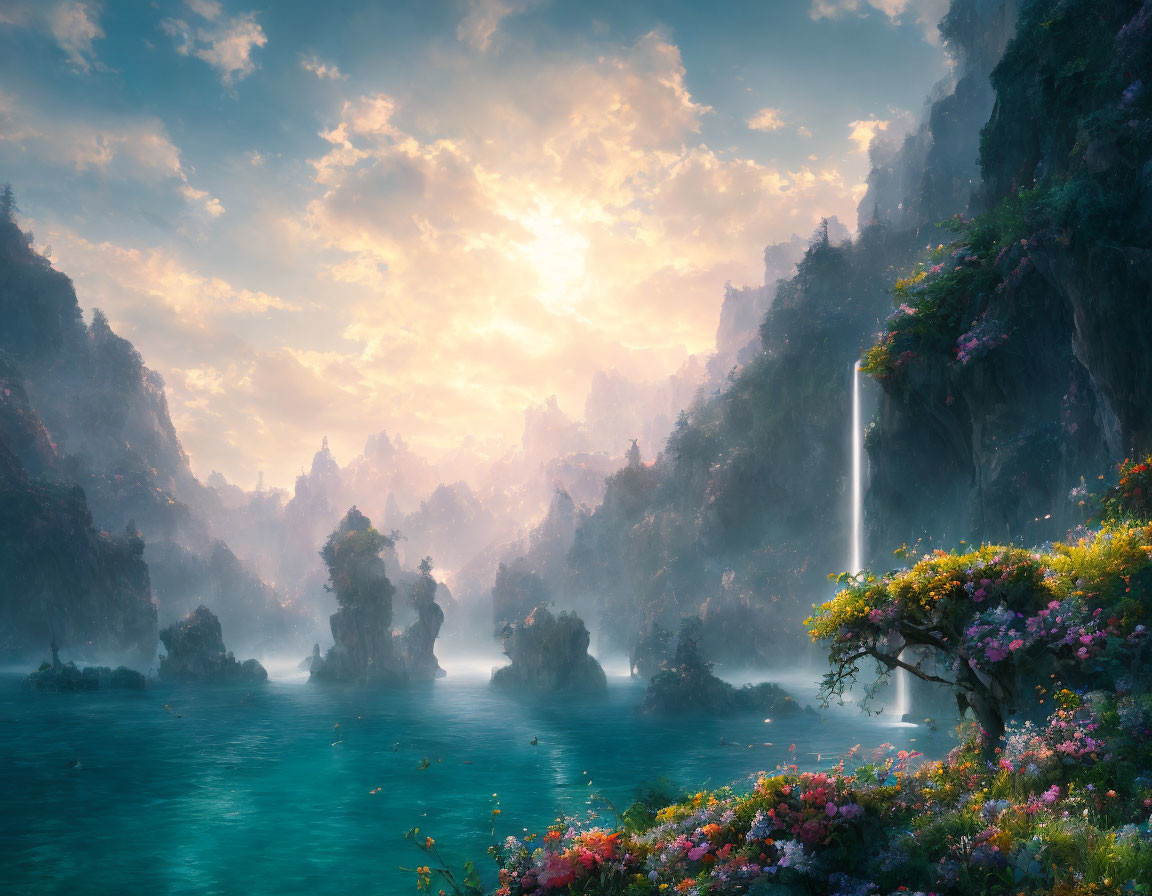 Tranquil landscape with waterfall, lush vegetation, cliffs, and river at sunrise