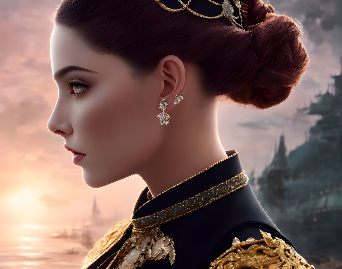 Regal woman with updo, crown, and castle backdrop in elegant attire