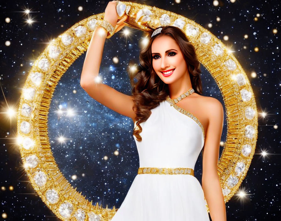 Smiling woman in white dress with gold ring on starry backdrop