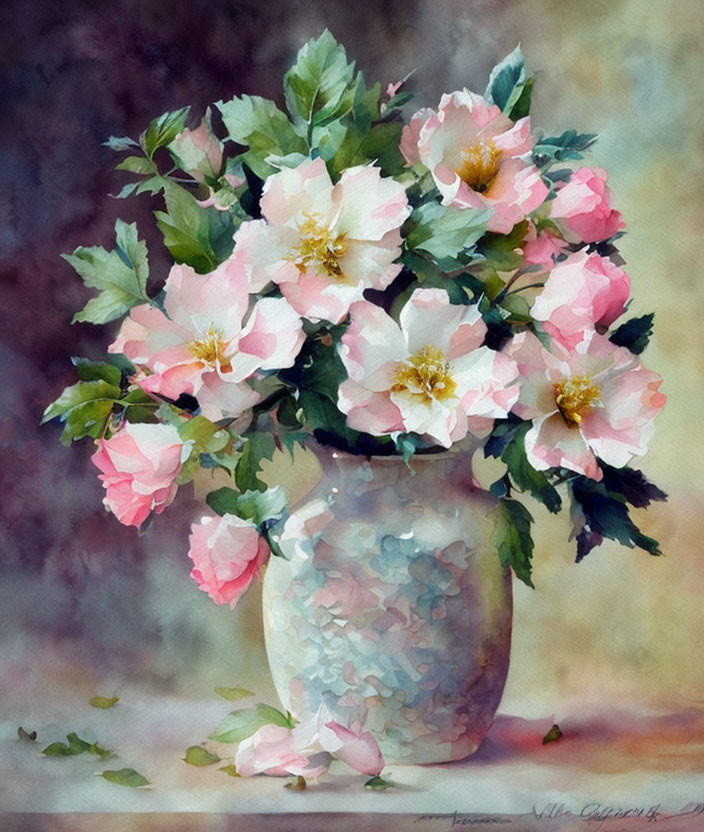 Pink and White Flowers in Translucent Vase on Textured Background