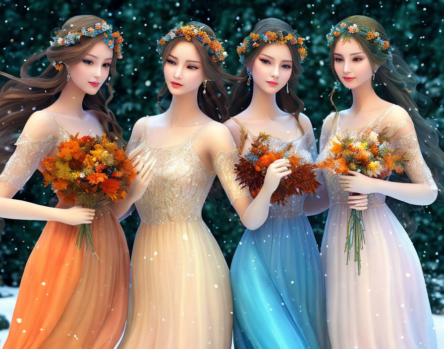 Four women in elegant dresses with floral crowns and bouquets on snowy backdrop