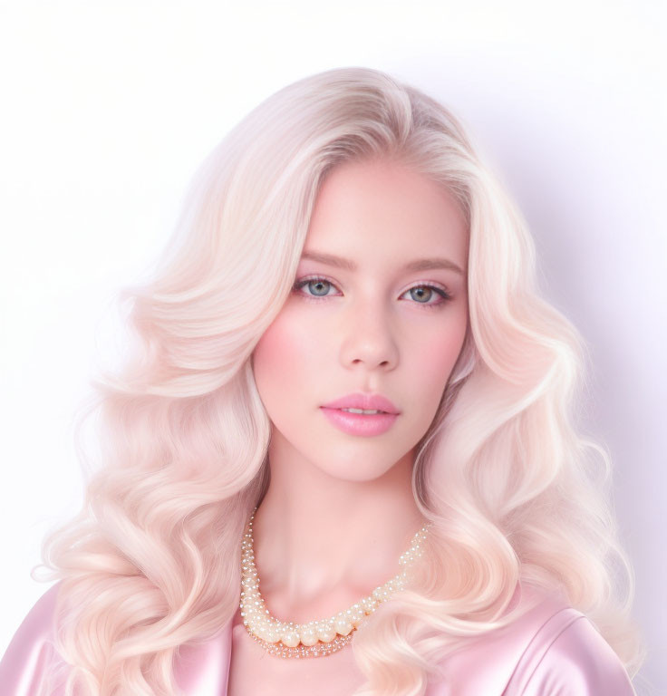 Blonde woman portrait with pearl jewelry and pink outfit