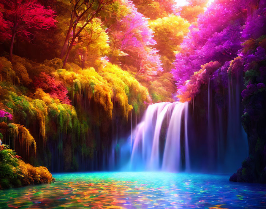 Colorful Forest Waterfall: Sunlit Mist & Foliage Over Blue Water