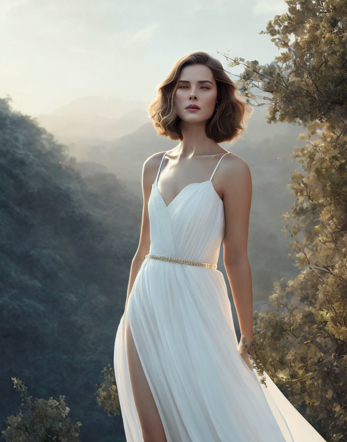 Woman in White Dress Standing in Forested Hills with Soft Light Filtered Through Haze