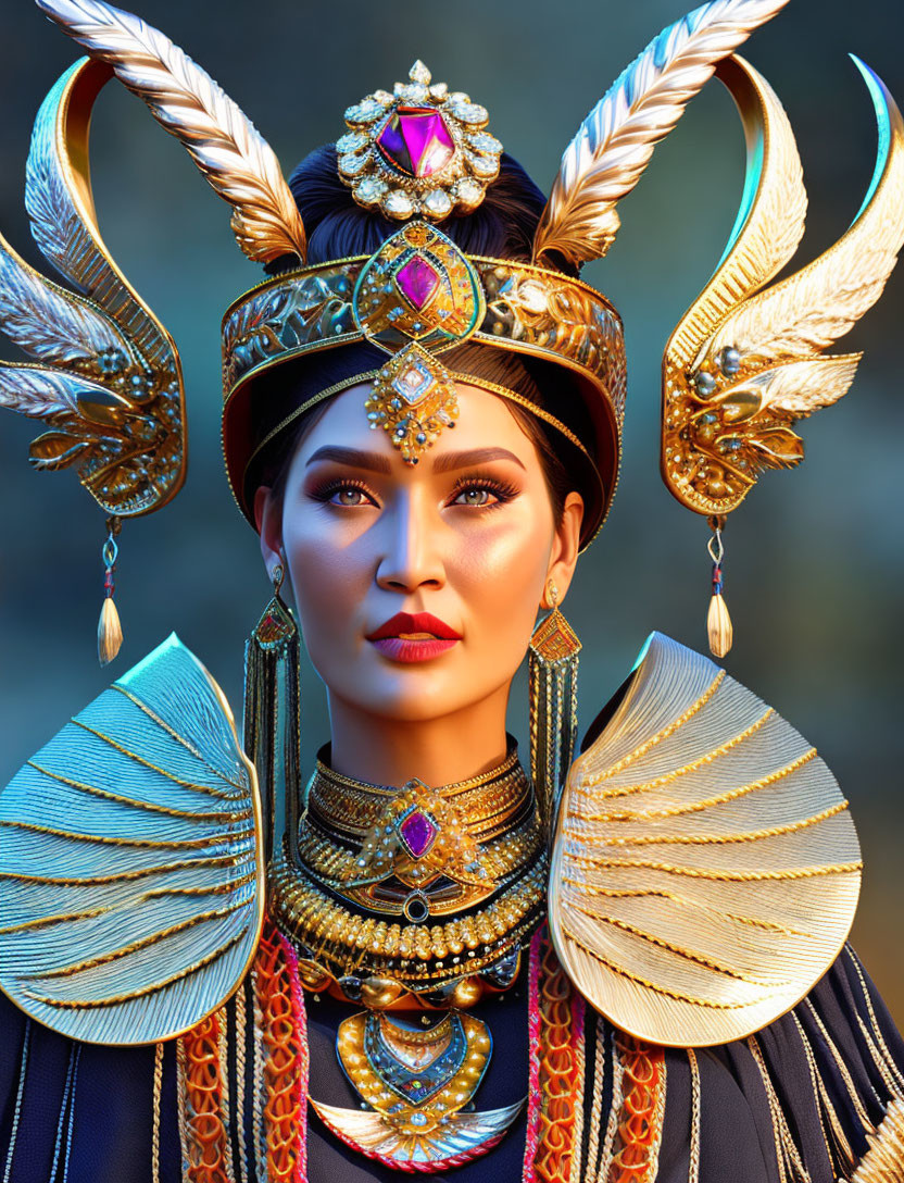 Regal woman in ornate golden headdress and jewelry