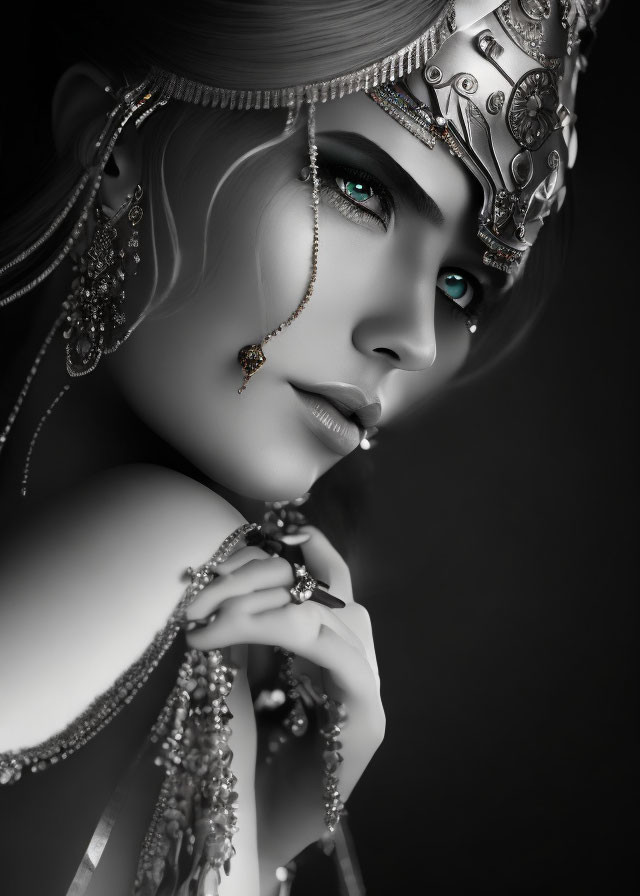 Grayscale image of woman with striking blue eyes and intricate jewelry