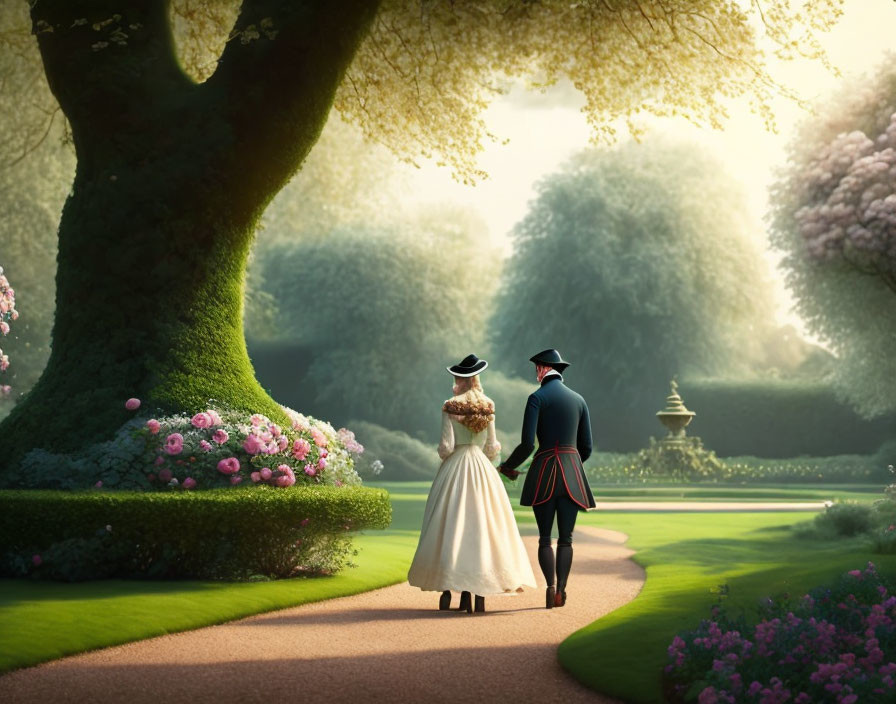 Historical couple strolling in lush garden setting