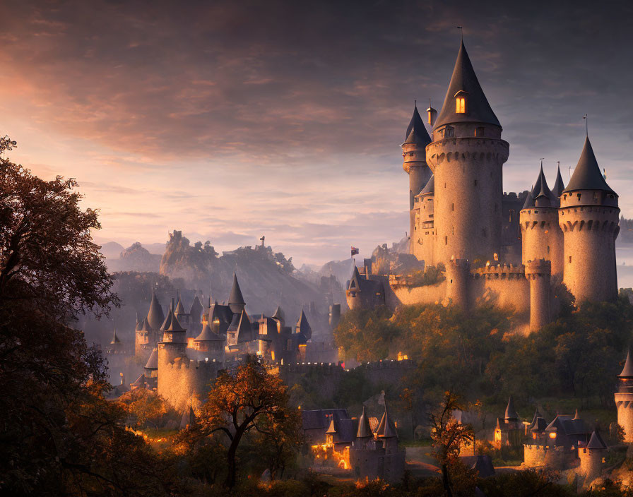 Majestic castle with spires in forest landscape at sunrise