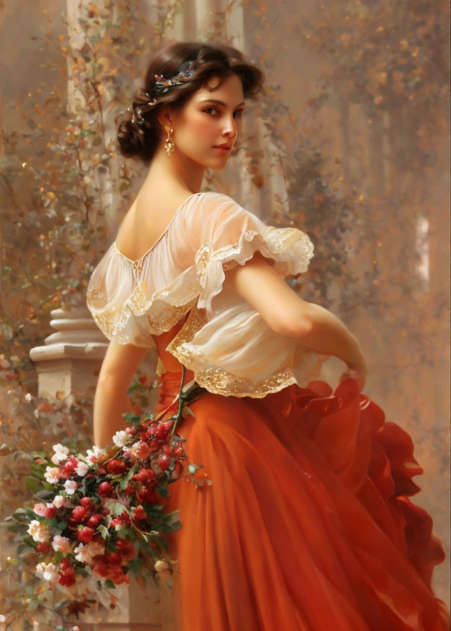 Woman in Orange Dress with Floral Headpiece and Bouquet