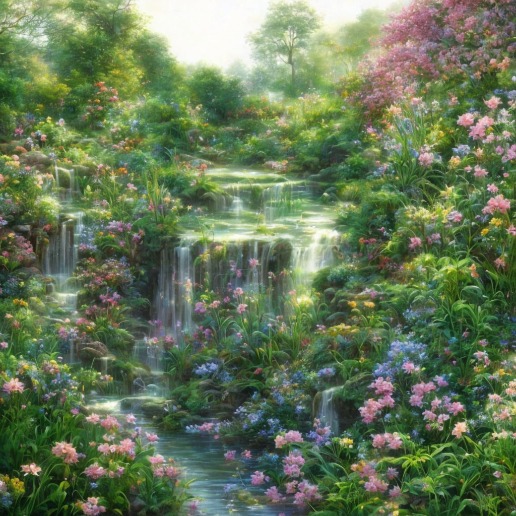 Tranquil waterfall surrounded by blooming flowers and lush greenery