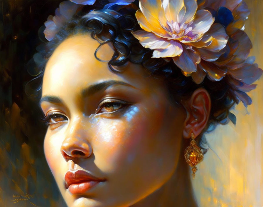 Serene woman portrait with flower in hair and intricate earring