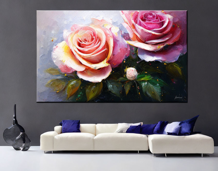 Vibrant rose painting above white sofa with blue pillows and dark vase on light wall