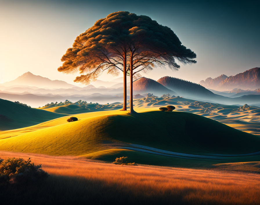 Majestic solitary tree on rolling green hills with sunlit peaks