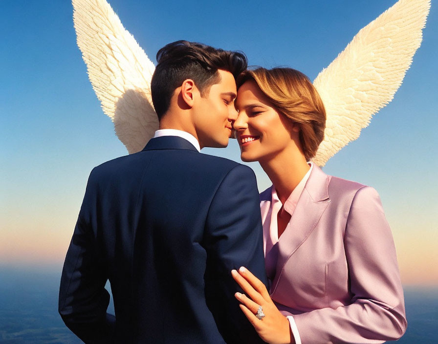 Man in suit and woman with angel wings in twilight sky embrace.