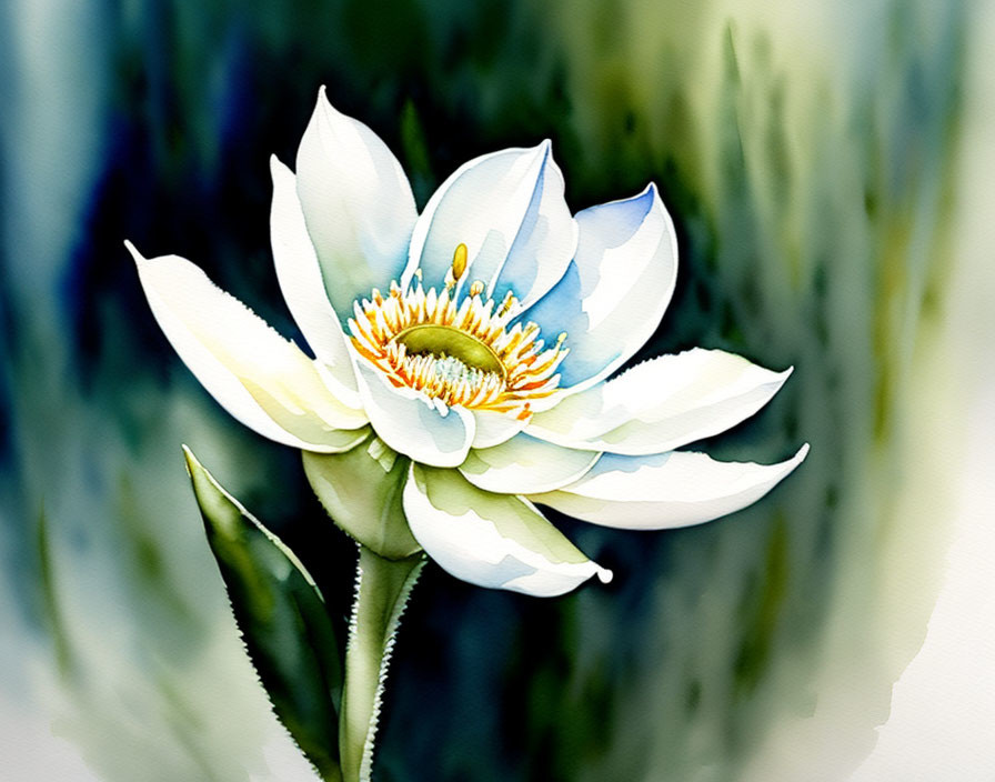 White Lotus Flower Watercolor Painting with Yellow Center and Soft Green Blue Background