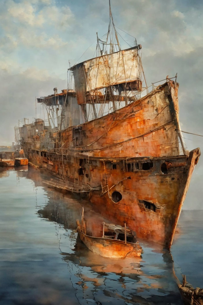 Abandoned ships with peeling paint in calm water under hazy sky