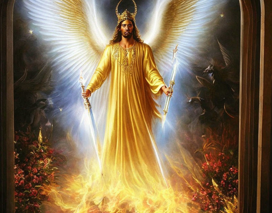 Majestic figure in golden robe with sword and wings in radiant light