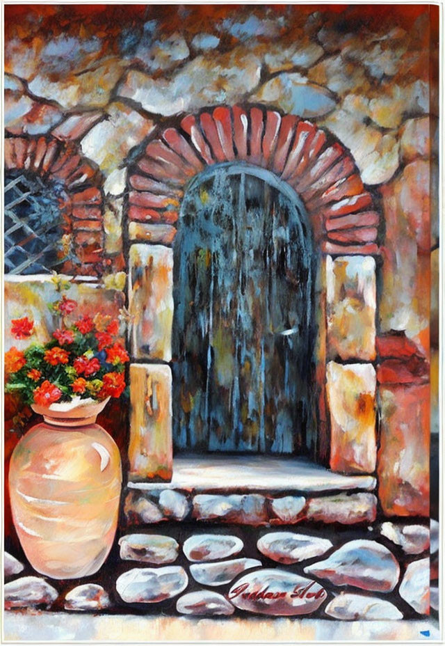 Rustic arched doorway with terracotta pot and red flowers