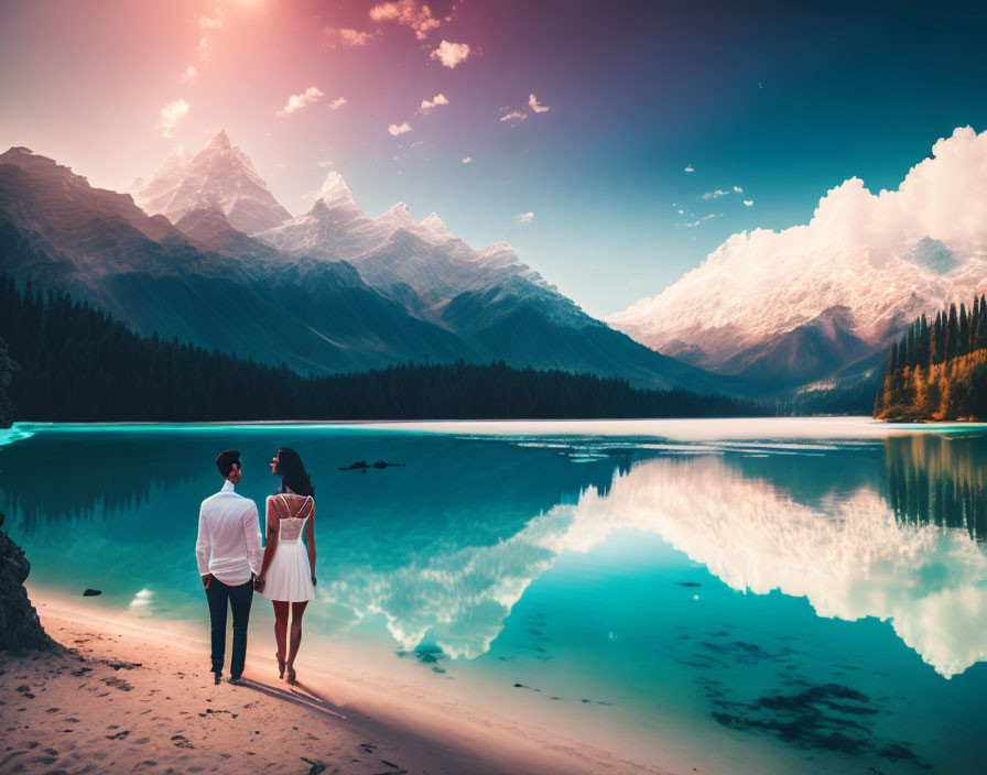 Couple by serene lake with mountain reflection at sunset