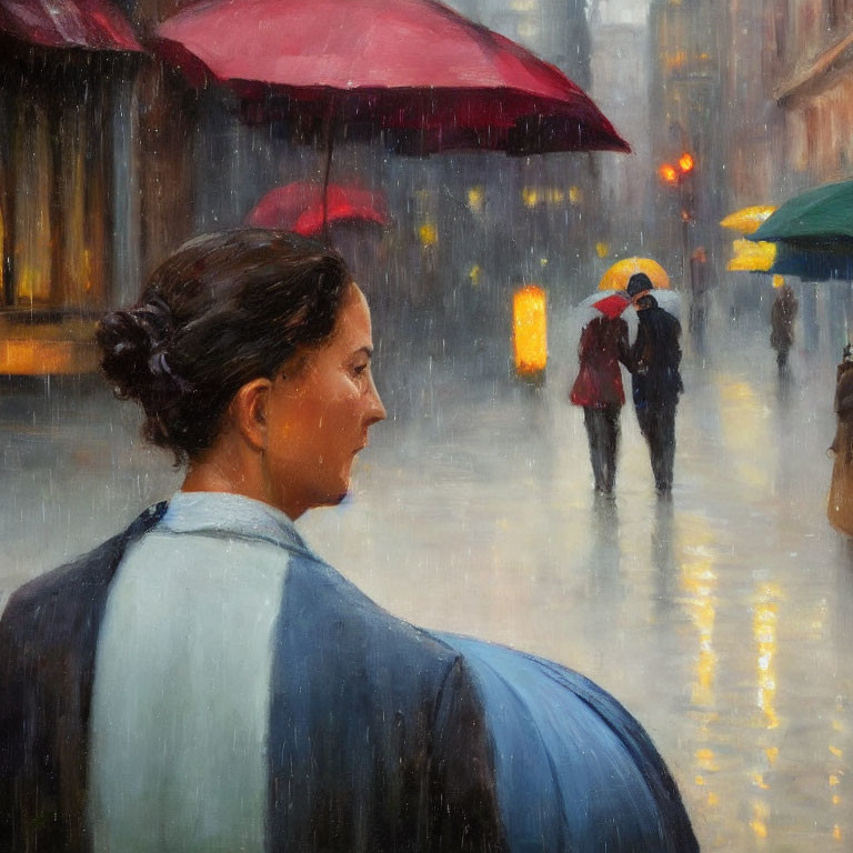 Woman with bun gazes on rainy street with umbrellas, evoking contemplative city scene.