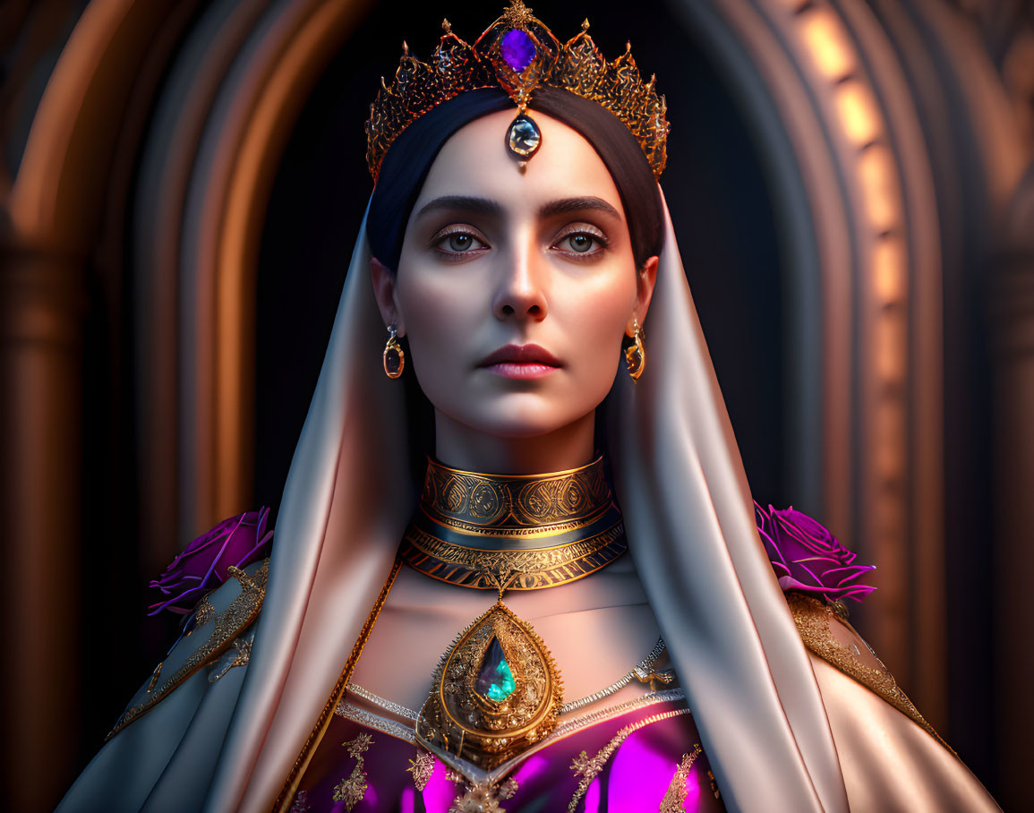 Regal woman with crown and jeweled necklace in ornate robe.