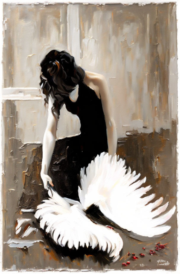 Woman in Black Dress with White Ballet Tutu Against Beige Backdrop