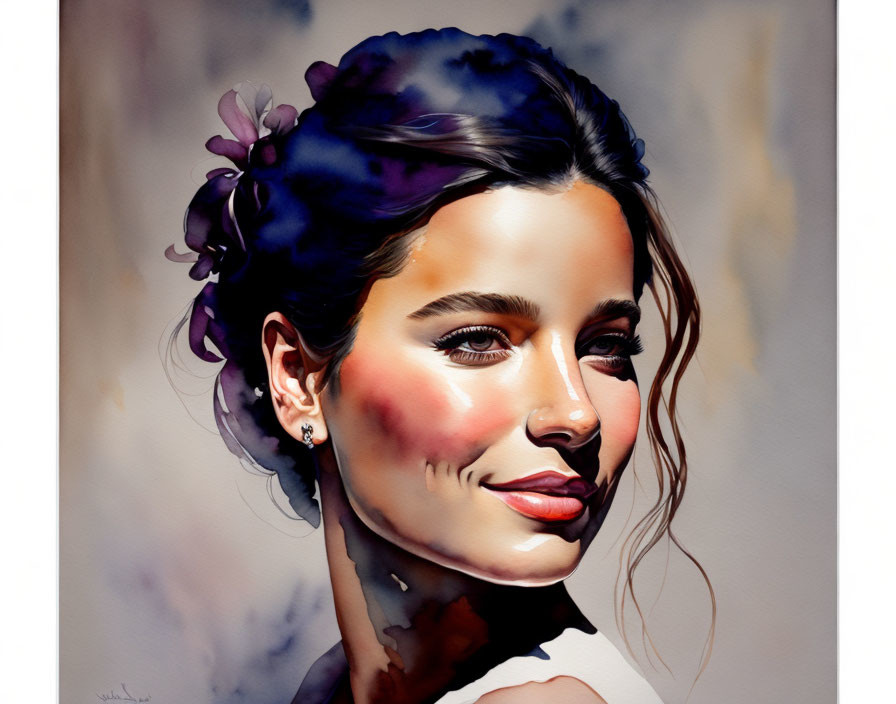 Digital painting: Woman with dark hair and purple flower adornments smiling, with rosy cheeks and glossy