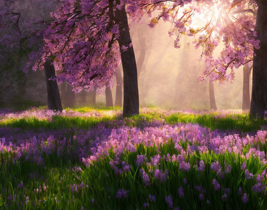 Cherry blossoms and purple wildflowers in spring sunlight