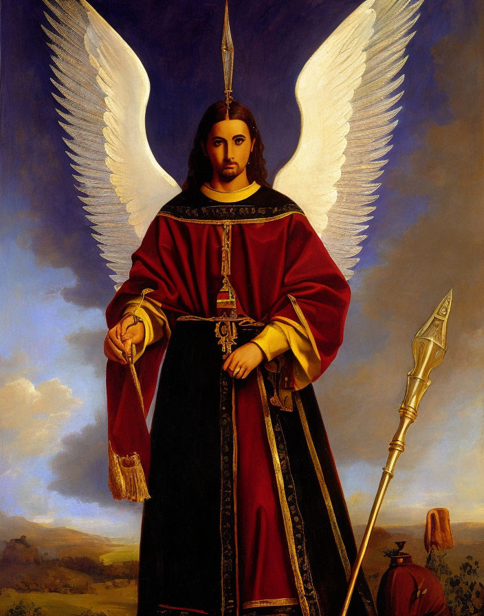 Winged figure in red robes with spear and keys against cloudy sky