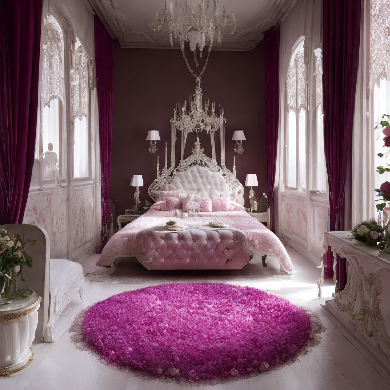 Luxurious Bedroom with Deep Purple Walls and Ornate Chandelier