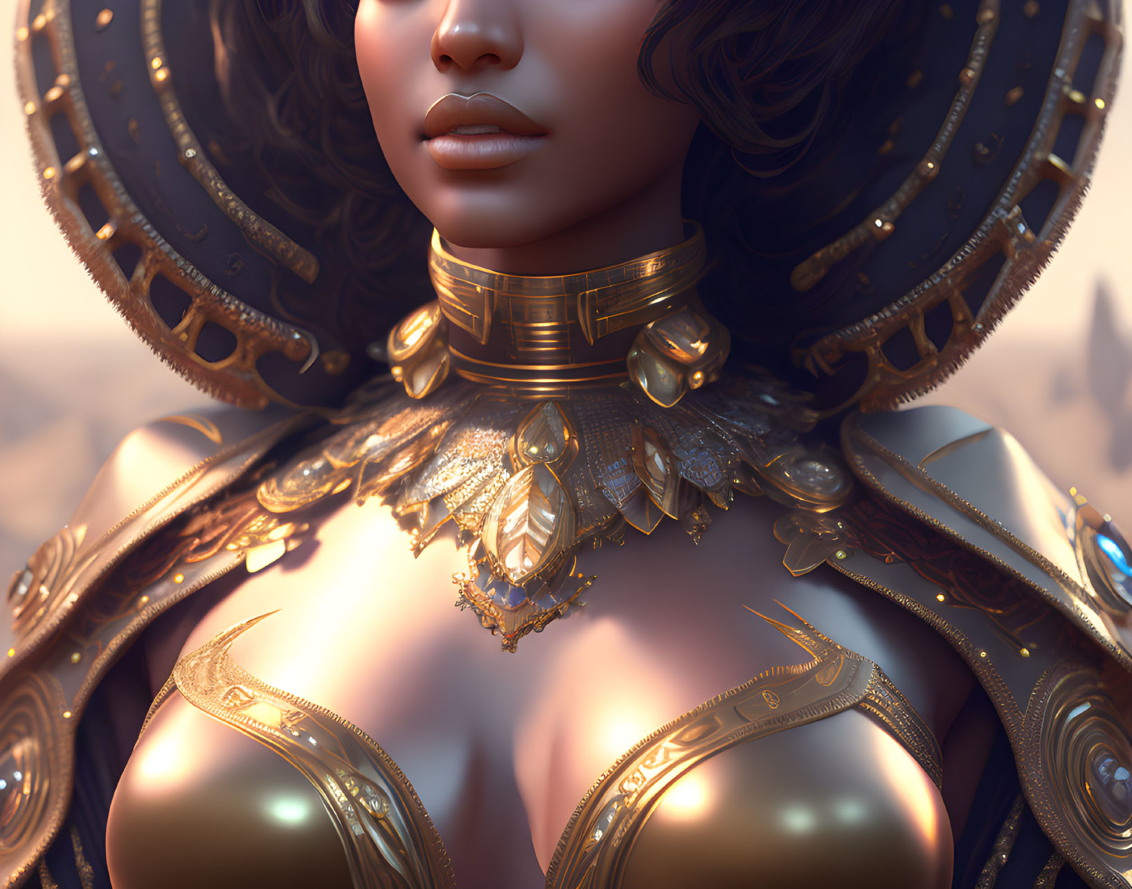 Woman in Bronze Armor with Intricate Necklace on Soft Background