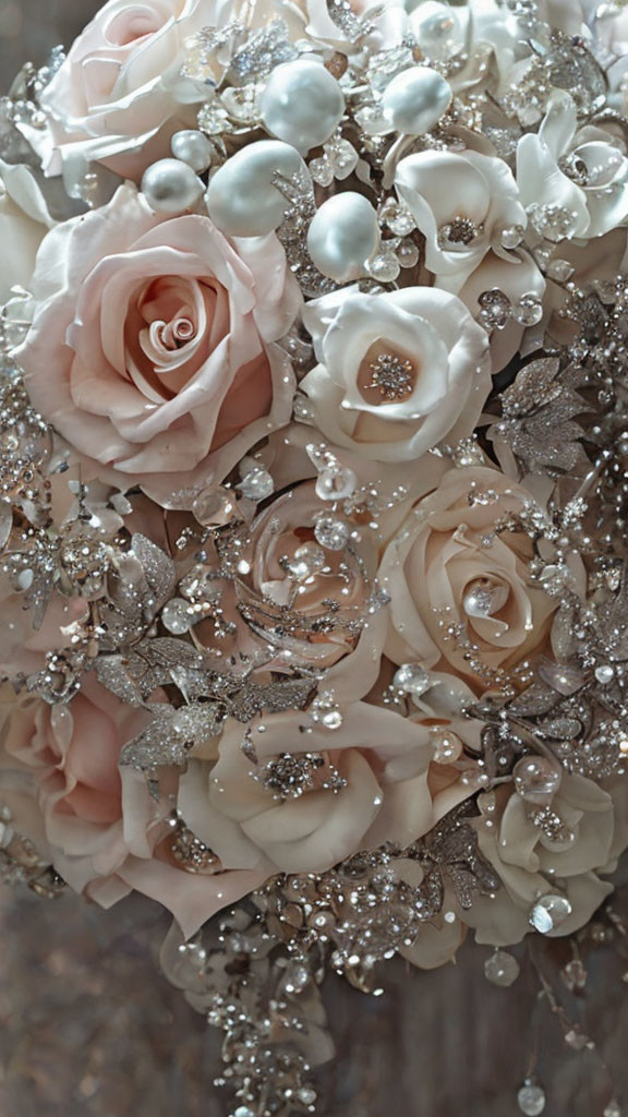 Blush roses bouquet with pearls, crystals, and silver leaves