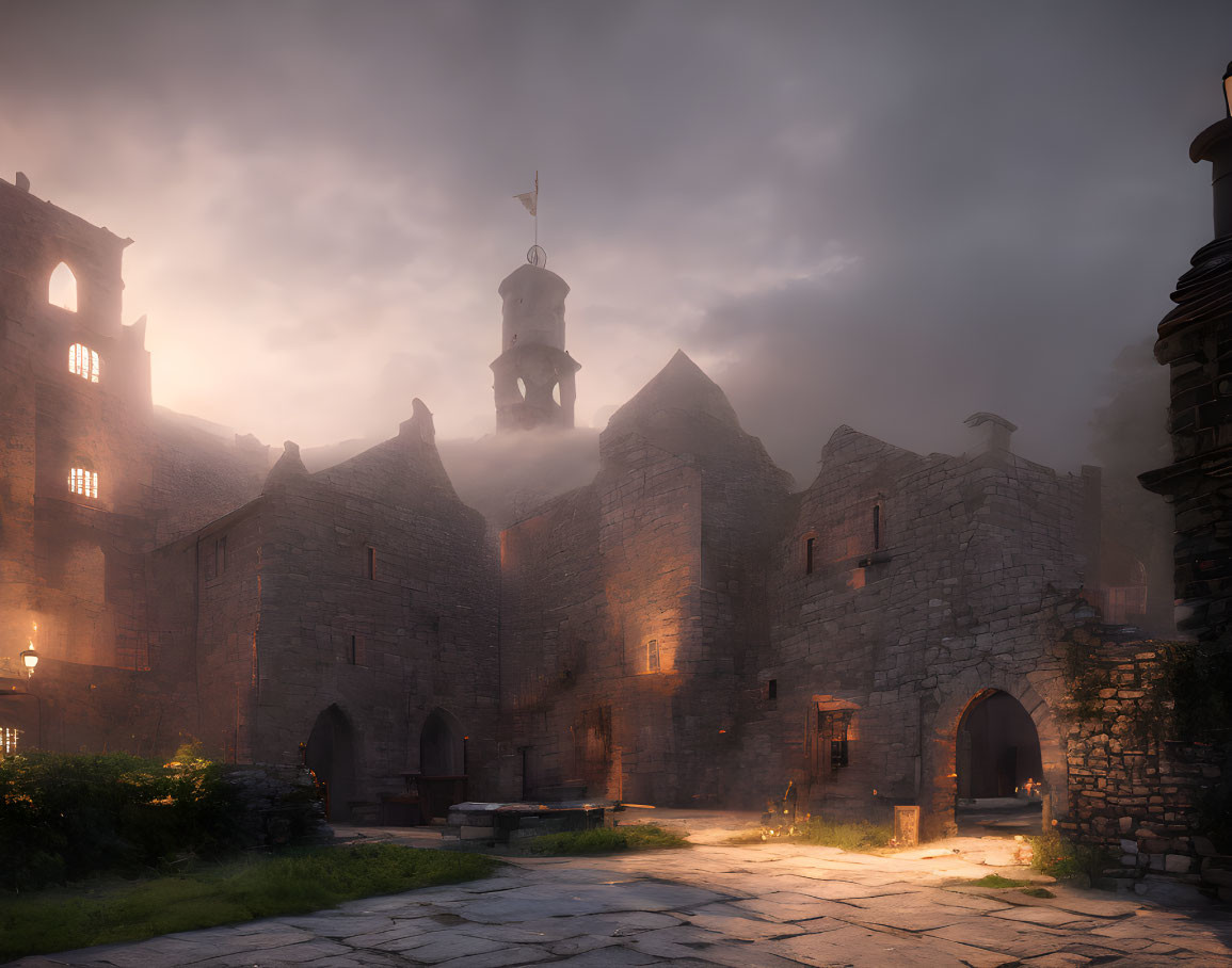 Medieval Stone Fortress in Mist with Sunlight and Courtyard