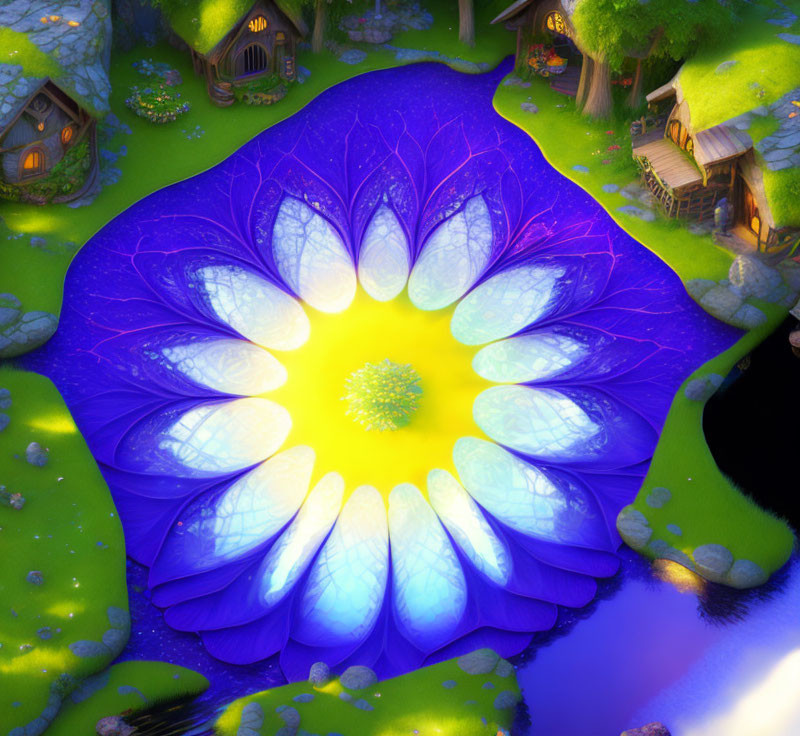 Digital fantasy landscape with glowing purple flower, houses, greenery, and river